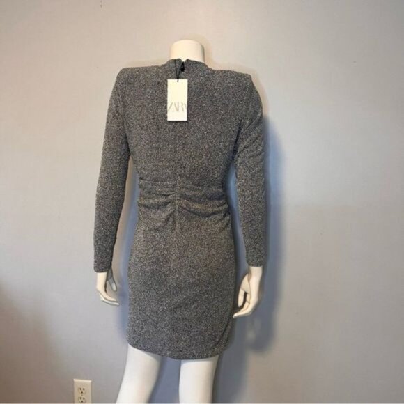 NWT Zara Mini Silver Dress With Metallic Thread Bloggers Favorite Size L - Picture 4 of 11